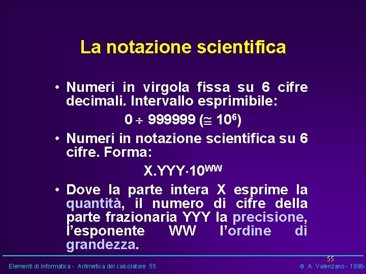 La notazione scientifica • Numeri in virgola fissa su 6 cifre decimali. Intervallo esprimibile: