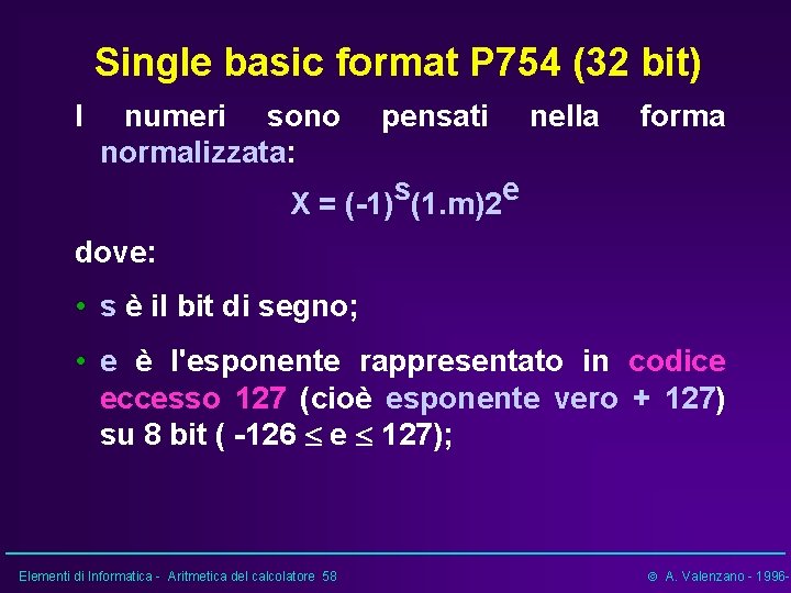 Single basic format P 754 (32 bit) I numeri sono normalizzata: pensati nella forma