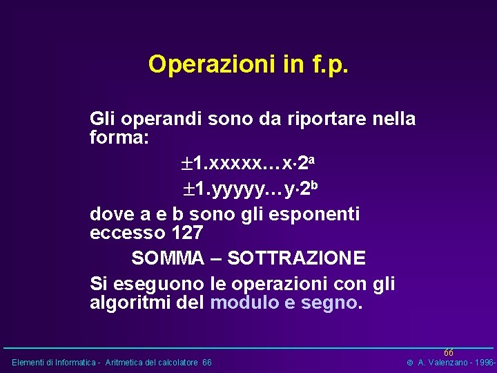 Operazioni in f. p. Gli operandi sono da riportare nella forma: 1. xxxxx…x 2