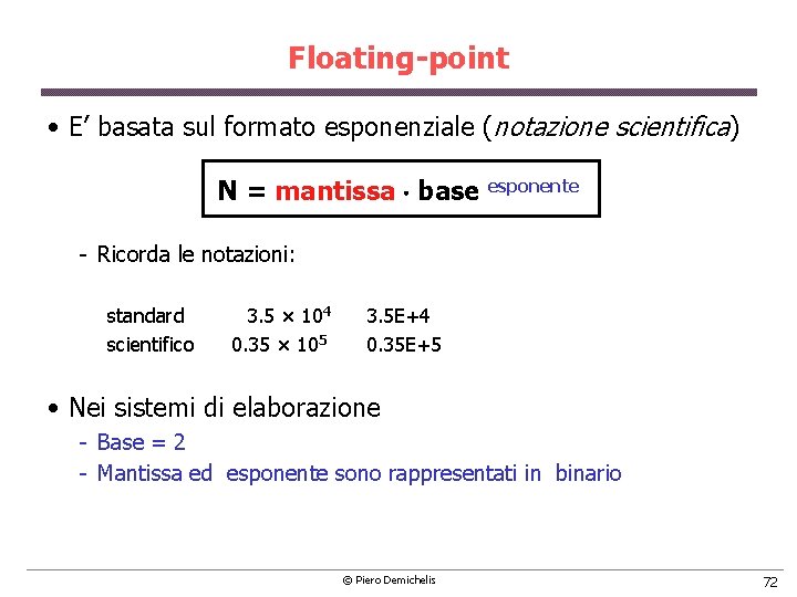 Floating-point • E’ basata sul formato esponenziale (notazione scientifica) N = mantissa base esponente
