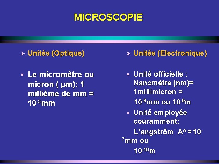 MICROSCOPIE Ø Unités (Optique) § Le micromètre ou micron ( m): 1 millième de