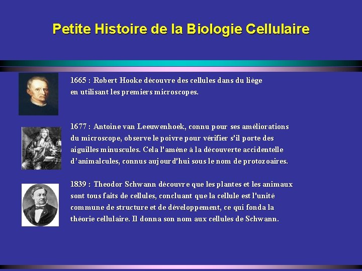 Petite Histoire de la Biologie Cellulaire 1665 : Robert Hooke découvre des cellules dans