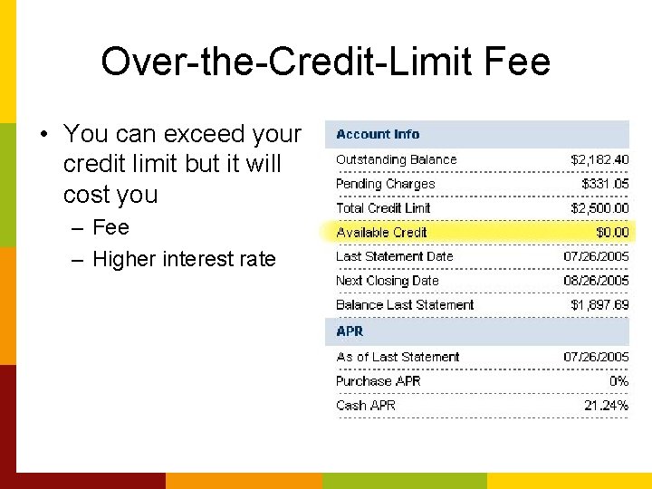 Over-the-Credit-Limit Fee • You can exceed your credit limit but it will cost you