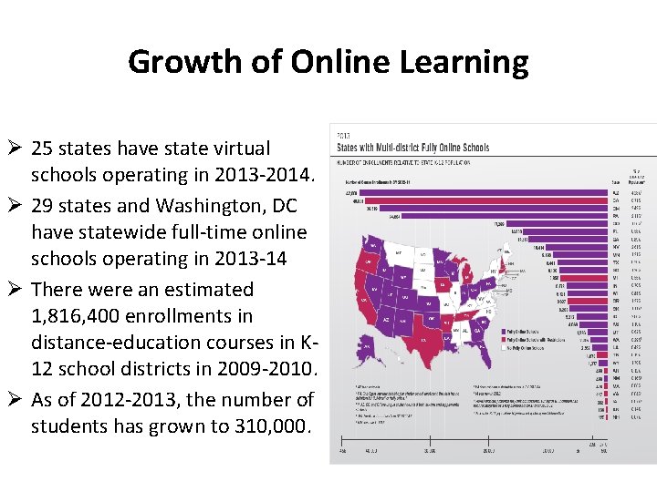 Growth of Online Learning Ø 25 states have state virtual schools operating in 2013