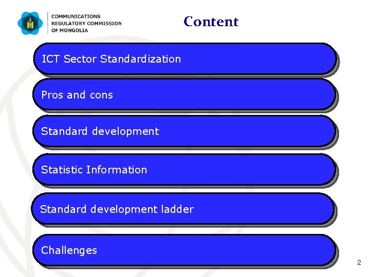 Content ICT Sector Standardization Pros and cons Standard development Statistic Information Standard development ladder