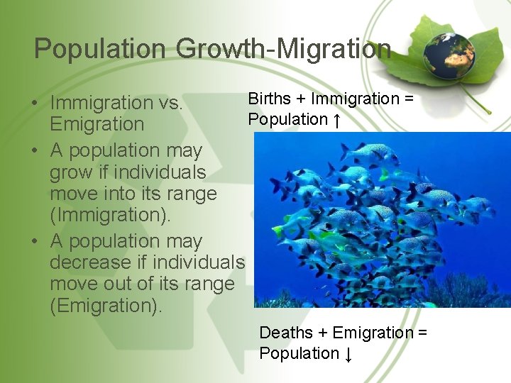 Population Growth-Migration Births + Immigration = • Immigration vs. Population ↑ Emigration • A