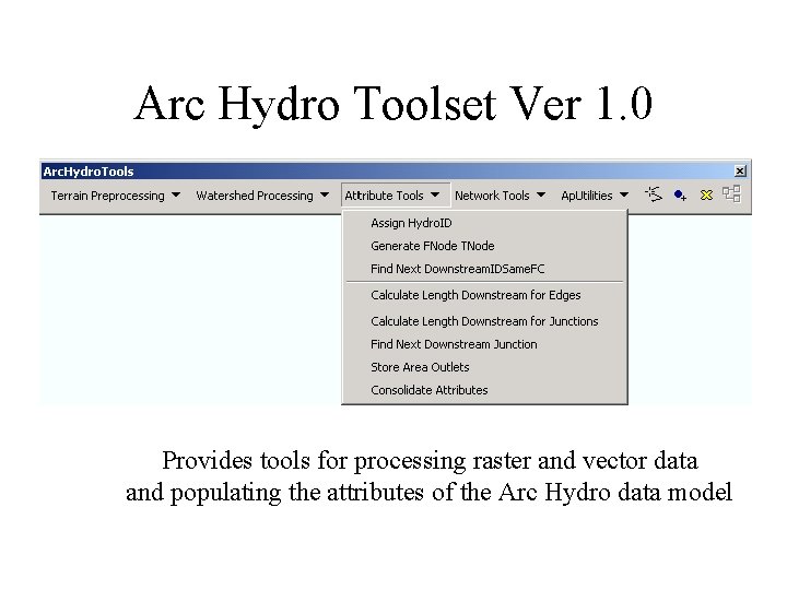Arc Hydro Toolset Ver 1. 0 Provides tools for processing raster and vector data