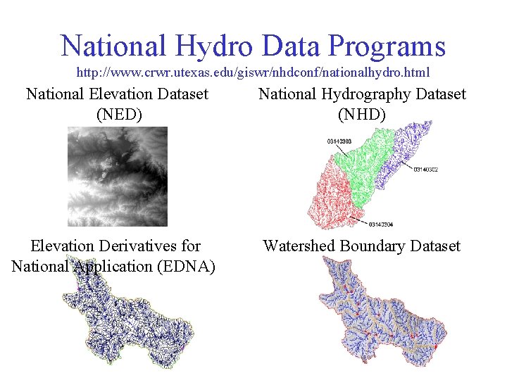 National Hydro Data Programs http: //www. crwr. utexas. edu/giswr/nhdconf/nationalhydro. html National Elevation Dataset (NED)