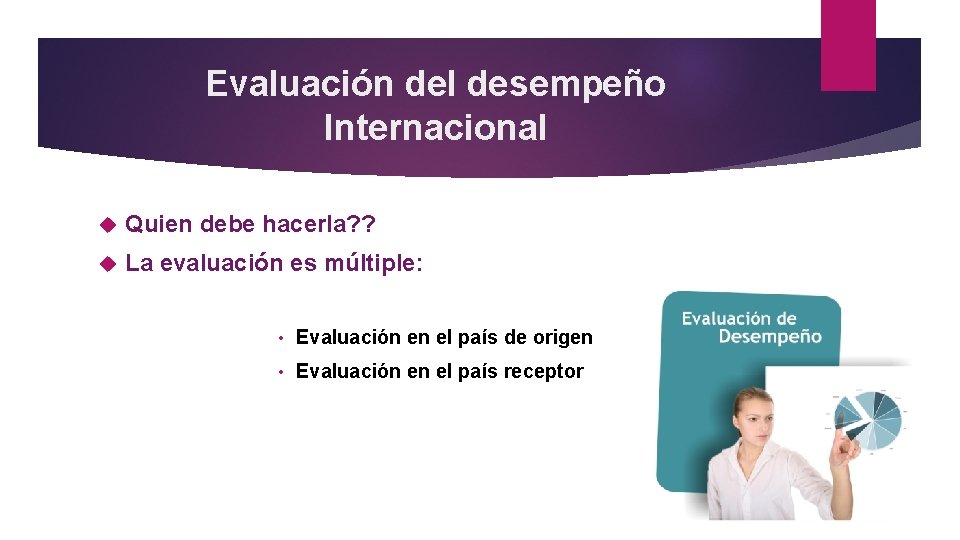 Evaluación del desempeño Internacional Quien debe hacerla? ? La evaluación es múltiple: • Evaluación