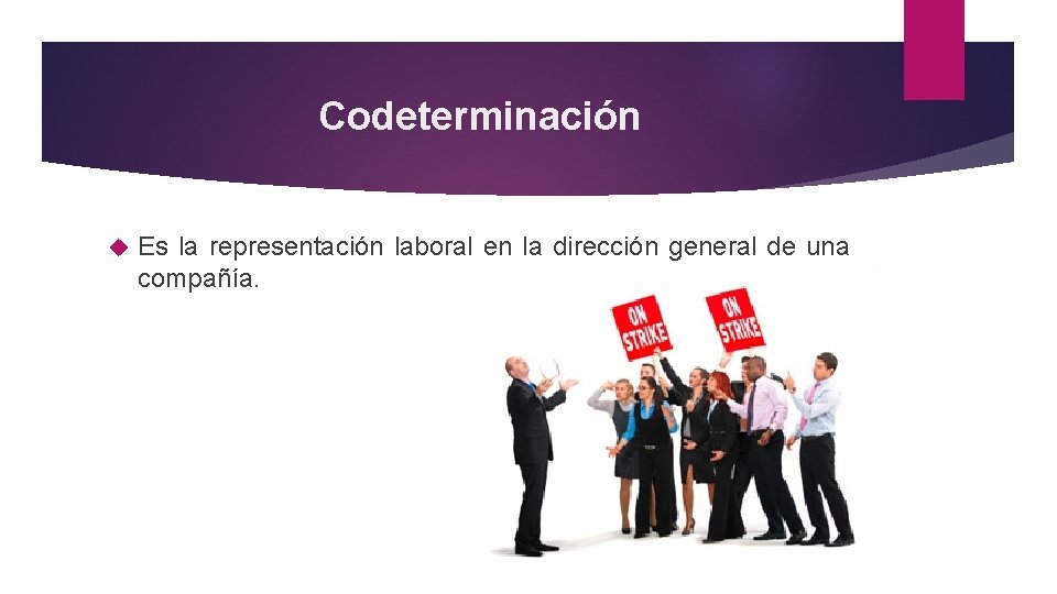 Codeterminación Es la representación laboral en la dirección general de una compañía. 