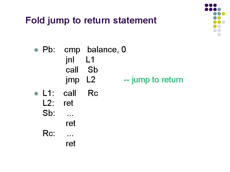 Fold jump to return statement l Pb: cmp jnl call jmp l L 1: Fold jump to return statement l Pb: cmp jnl call jmp l L 1: