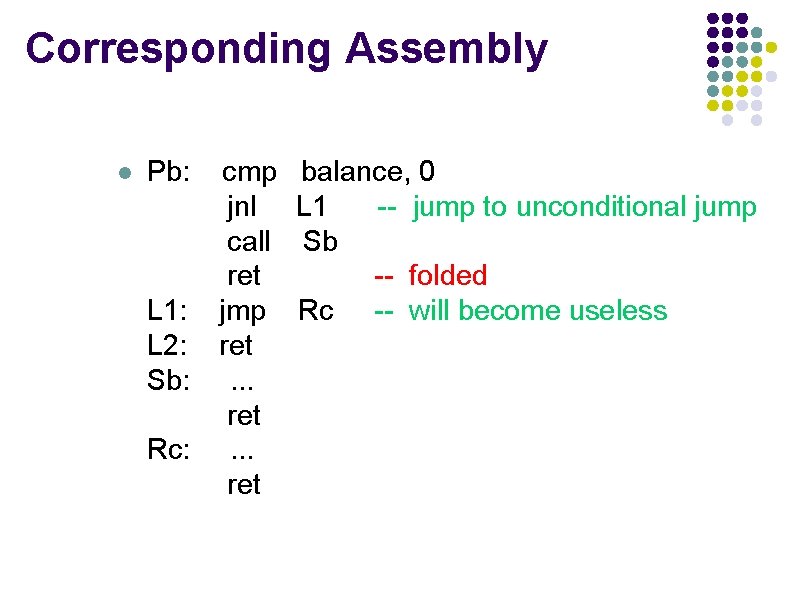 Corresponding Assembly l Pb: cmp jnl call ret L 1: jmp L 2: ret Corresponding Assembly l Pb: cmp jnl call ret L 1: jmp L 2: ret