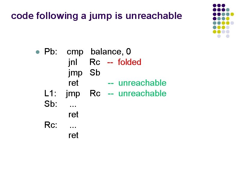 code following a jump is unreachable l Pb: cmp jnl jmp ret L 1: code following a jump is unreachable l Pb: cmp jnl jmp ret L 1: