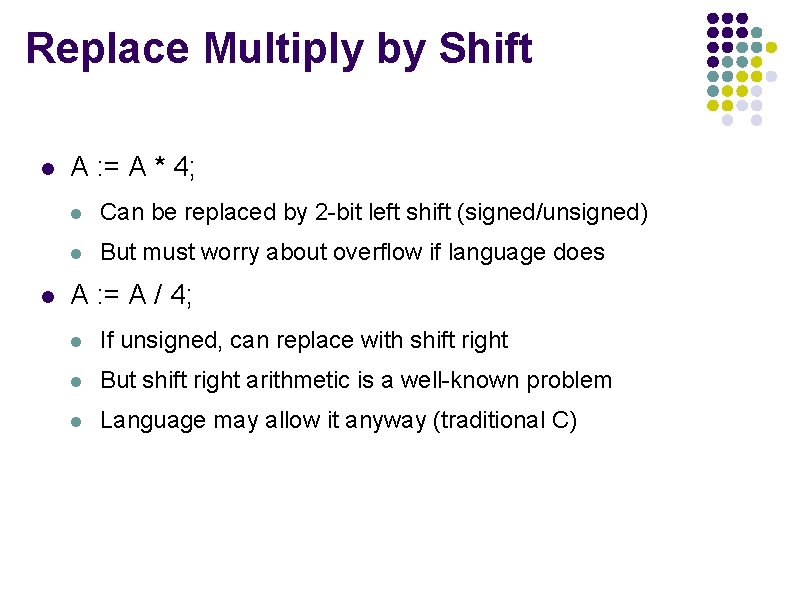 Replace Multiply by Shift l l A : = A * 4; l Can Replace Multiply by Shift l l A : = A * 4; l Can