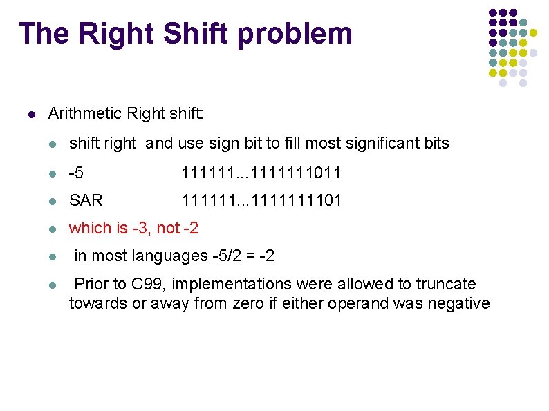 The Right Shift problem l Arithmetic Right shift: l shift right and use sign The Right Shift problem l Arithmetic Right shift: l shift right and use sign