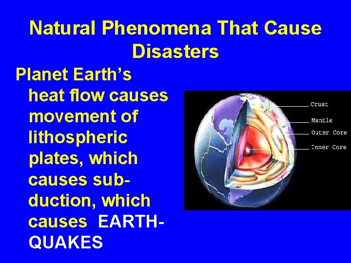 Natural Phenomena That Cause Disasters Planet Earth’s heat flow causes movement of lithospheric plates,