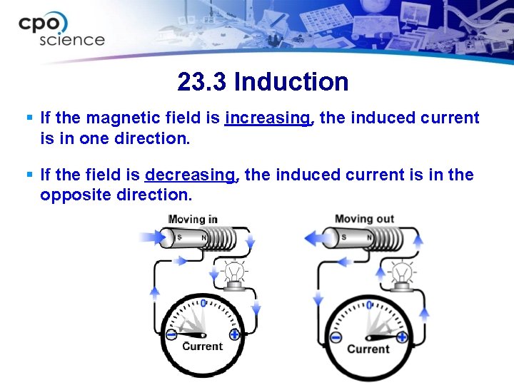 23. 3 Induction § If the magnetic field is increasing, the induced current is