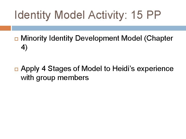 Identity Model Activity: 15 PP Minority Identity Development Model (Chapter 4) Apply 4 Stages