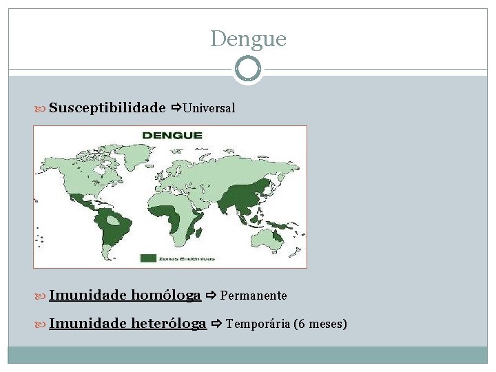 Dengue Susceptibilidade Universal Imunidade homóloga Permanente Imunidade heteróloga Temporária (6 meses) Dengue Susceptibilidade Universal Imunidade homóloga Permanente Imunidade heteróloga Temporária (6 meses)