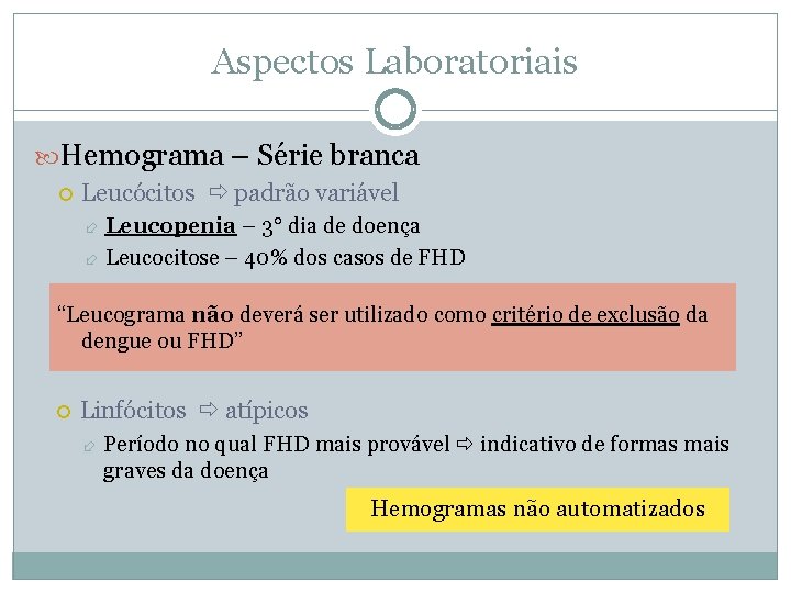 Aspectos Laboratoriais Hemograma – Série branca Leucócitos padrão variável Leucopenia – 3° dia de Aspectos Laboratoriais Hemograma – Série branca Leucócitos padrão variável Leucopenia – 3° dia de