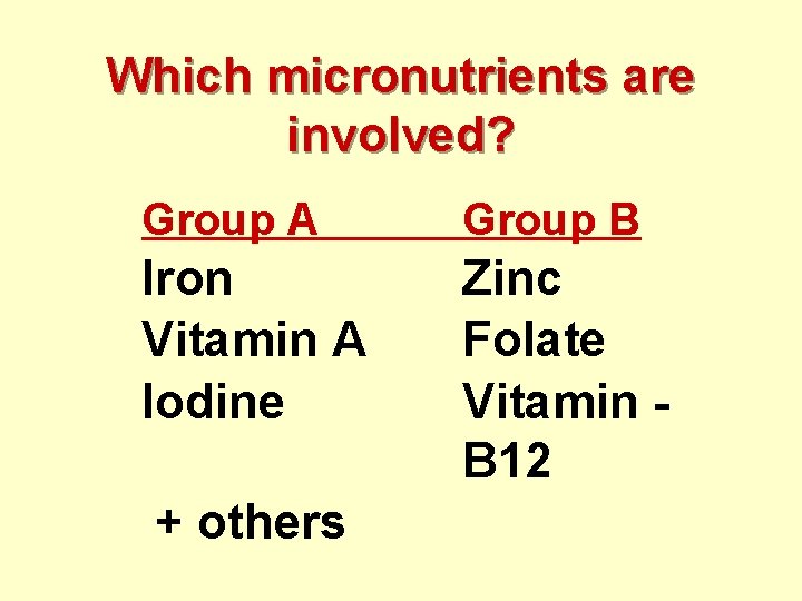 Which micronutrients are involved? Group A Group B Iron Vitamin A Iodine Zinc Folate