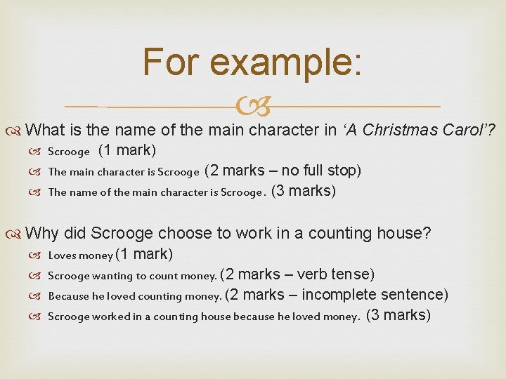 For example: What is the name of the main character in ‘A Christmas Carol’? For example: What is the name of the main character in ‘A Christmas Carol’?