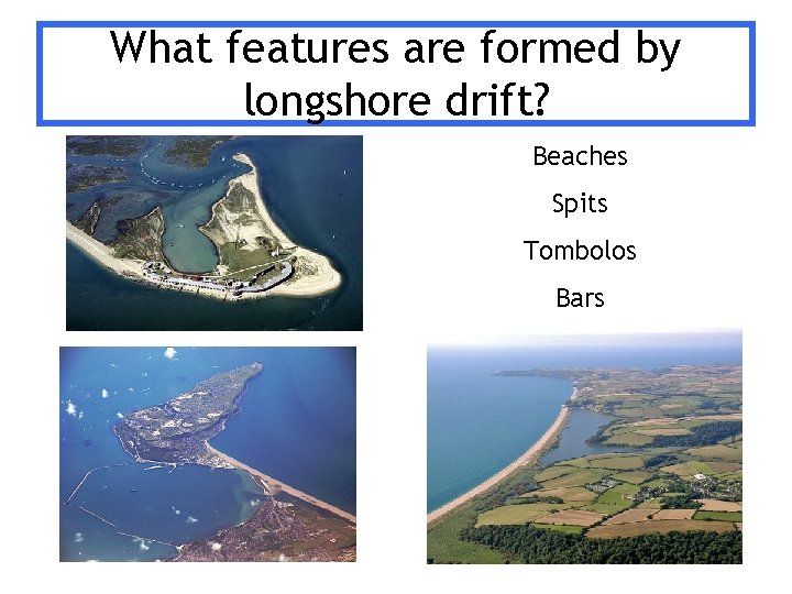 What features are formed by longshore drift? Beaches Spits Tombolos Bars 