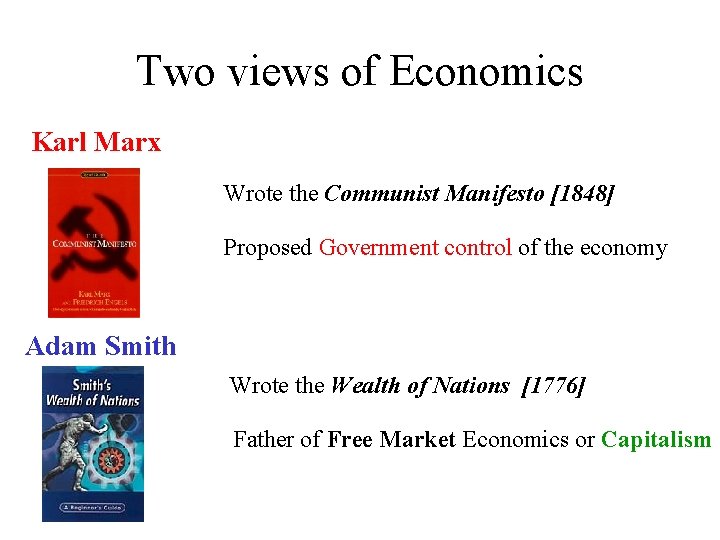 Two views of Economics Karl Marx Wrote the Communist Manifesto [1848] Proposed Government control