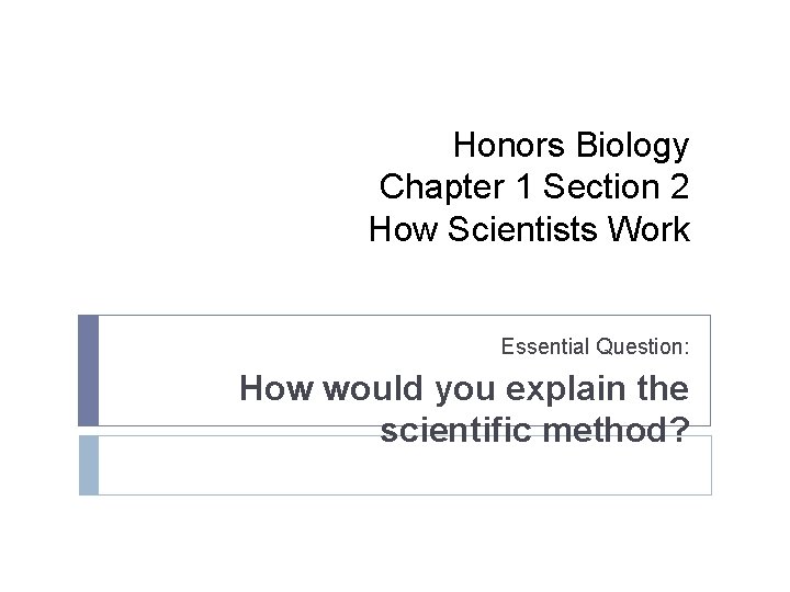 Honors Biology Chapter 1 Section 2 How Scientists Work Essential Question: How would you