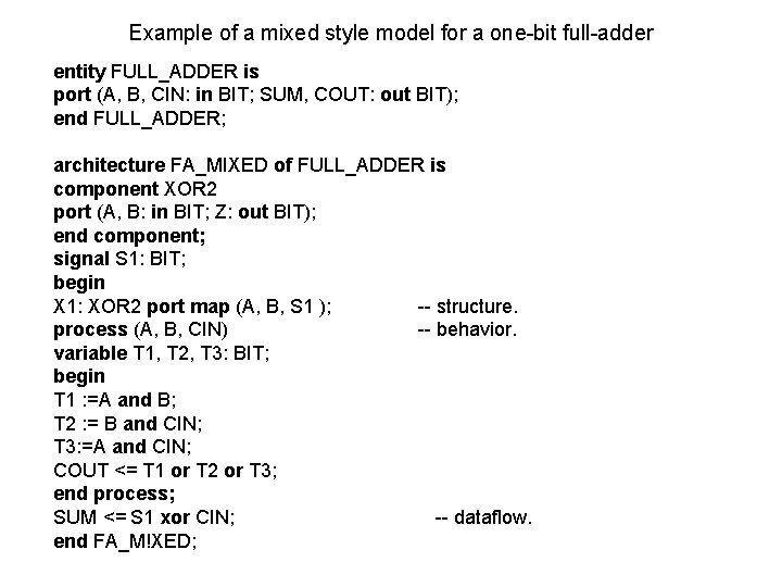 Example of a mixed style model for a one-bit full-adder entity FULL_ADDER is port Example of a mixed style model for a one-bit full-adder entity FULL_ADDER is port