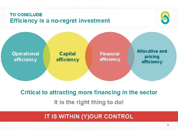 TO CONCLUDE Efficiency is a no-regret investment Operational efficiency Capital efficiency Financial efficiency Allocative