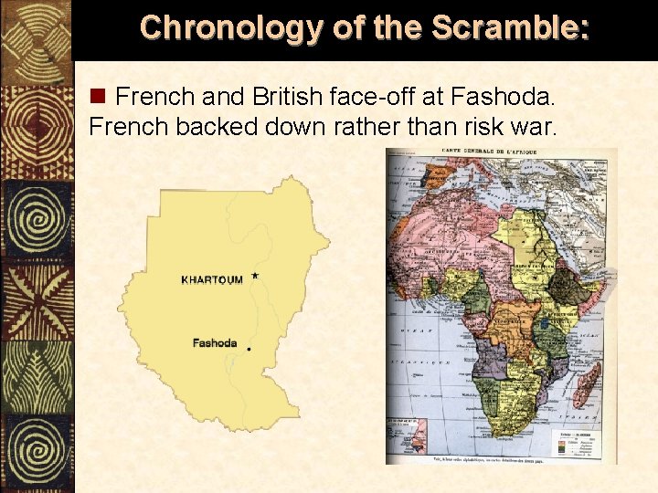 Chronology of the Scramble: n French and British face-off at Fashoda. French backed down