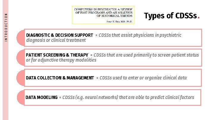 INTRODUCTION Types of CDSSs. DIAGNOSTIC & DECISION SUPPORT = CDSSs that assist physicians in