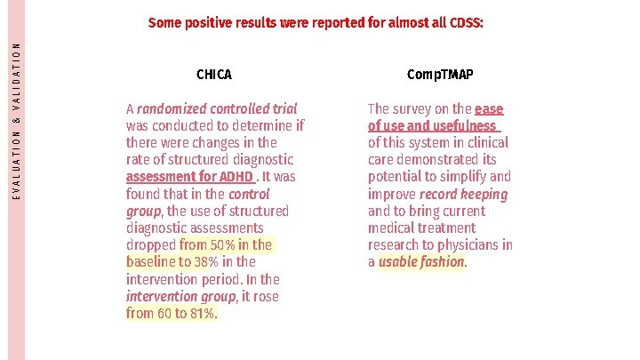 EVALUATION & VALIDATION Some positive results were reported for almost all CDSS: CHICA Comp.