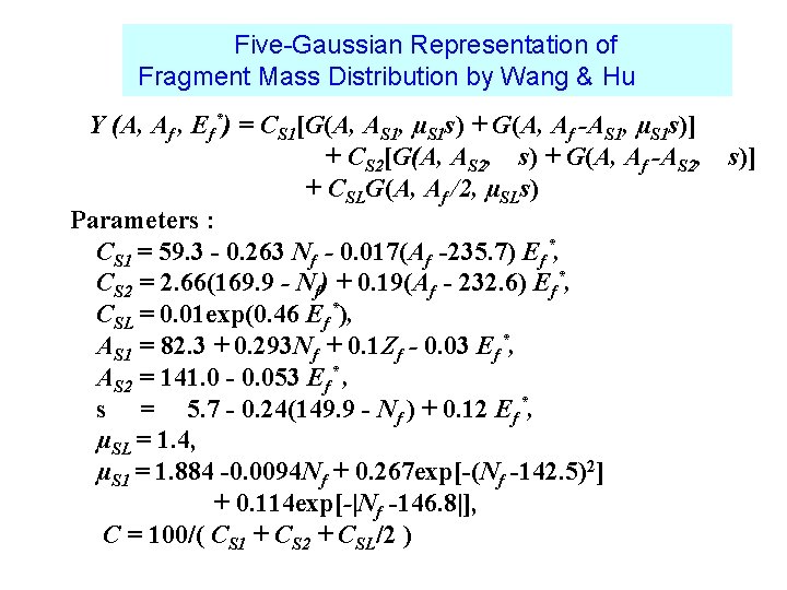 　　　　　Five-Gaussian Representation of Fragment Mass Distribution by Wang & Hu Y (A, Af ,