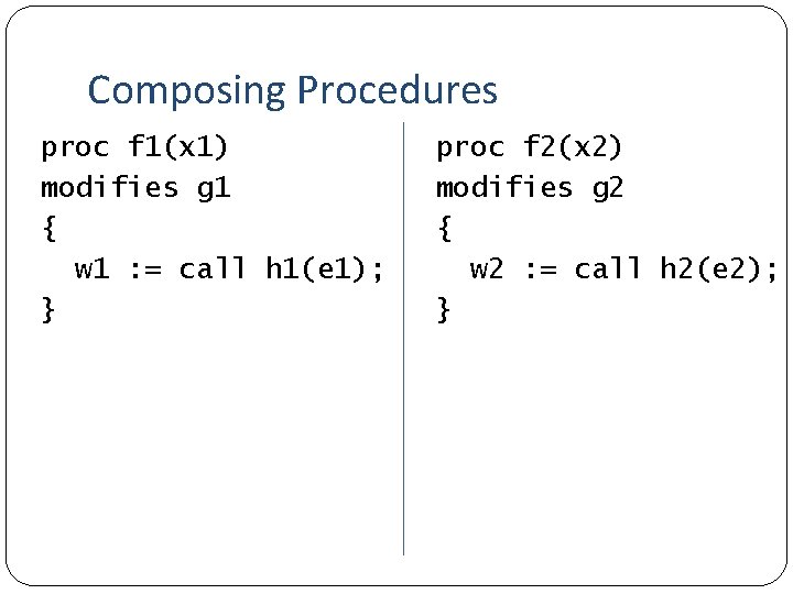 Composing Procedures proc f 1(x 1) modifies g 1 { w 1 : =