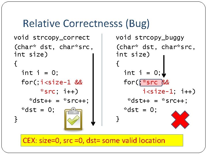 Relative Correctnesss (Bug) void strcopy_correct (char* dst, char*src, int size) { int i =