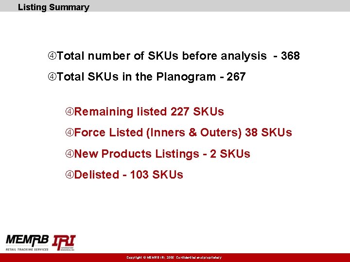 Listing Summary Total number of SKUs before analysis - 368 Total SKUs in the