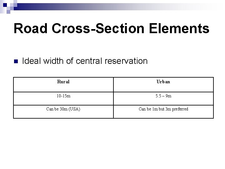 Road Cross-Section Elements n Ideal width of central reservation Rural Urban 10 -15 m