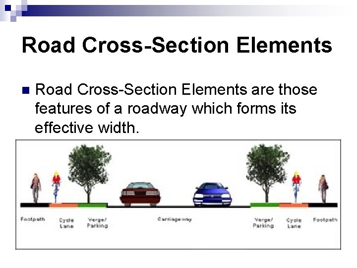 Road Cross-Section Elements n Road Cross-Section Elements are those features of a roadway which