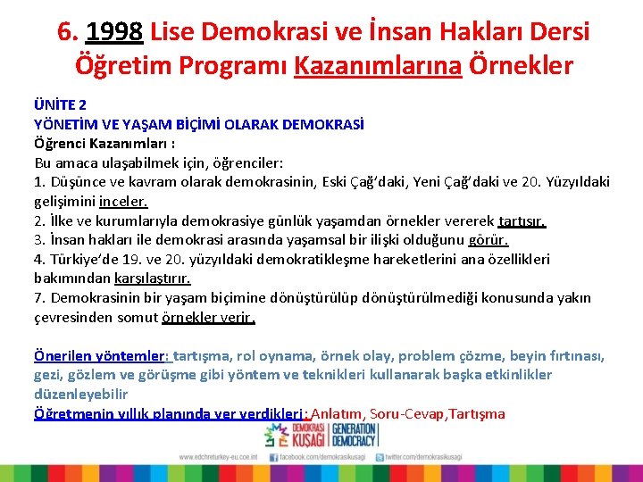 6. 1998 Lise Demokrasi ve İnsan Hakları Dersi Öğretim Programı Kazanımlarına Örnekler ÜNİTE 2