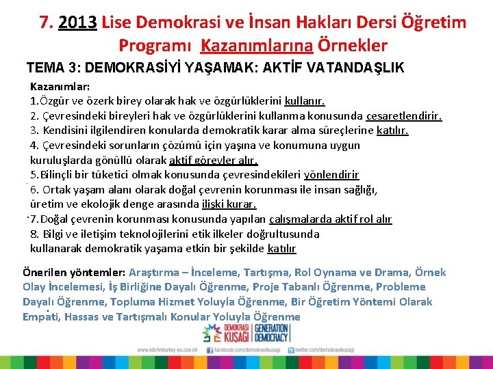 7. 2013 Lise Demokrasi ve İnsan Hakları Dersi Öğretim Programı Kazanımlarına Örnekler TEMA 3: