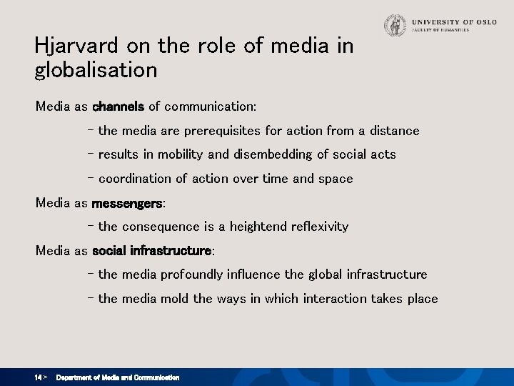 Hjarvard on the role of media in globalisation Media as channels of communication: – Hjarvard on the role of media in globalisation Media as channels of communication: –