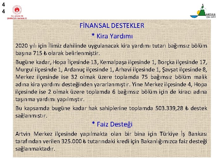 4 4 FİNANSAL DESTEKLER * Kira Yardımı 2020 yılı için İlimiz dahilinde uygulanacak kira