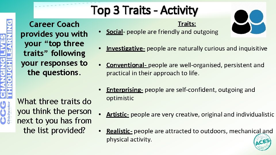 Top 3 Traits - Activity Career Coach provides you with your “top three traits”