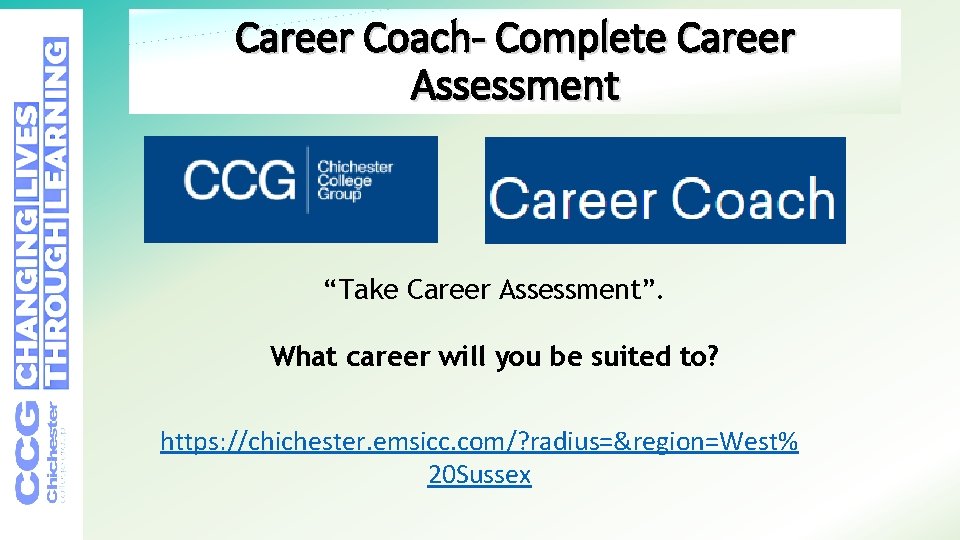 Career Coach- Complete Career Assessment “Take Career Assessment”. What career will you be suited