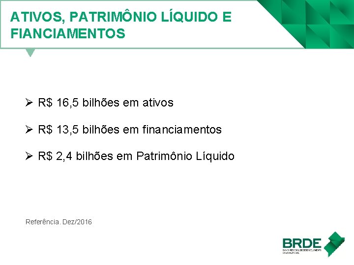 ATIVOS, PATRIMÔNIO LÍQUIDO E FIANCIAMENTOS Ø R$ 16, 5 bilhões em ativos Ø R$