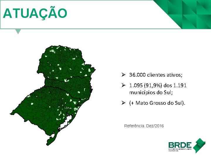 ATUAÇÃO Ø 36. 000 clientes ativos; Ø 1. 095 (91, 9%) dos 1. 191