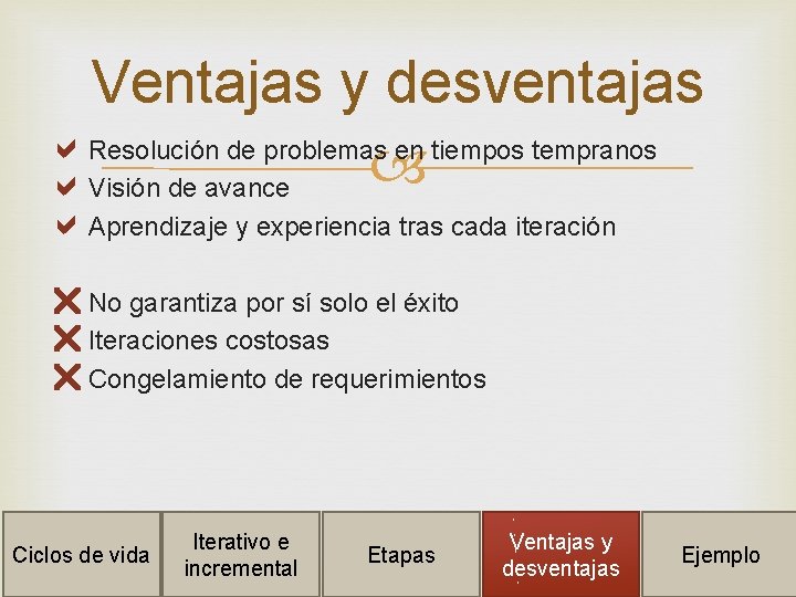 Ventajas y desventajas Resolución de problemas en tiempos tempranos Visión de avance Aprendizaje y