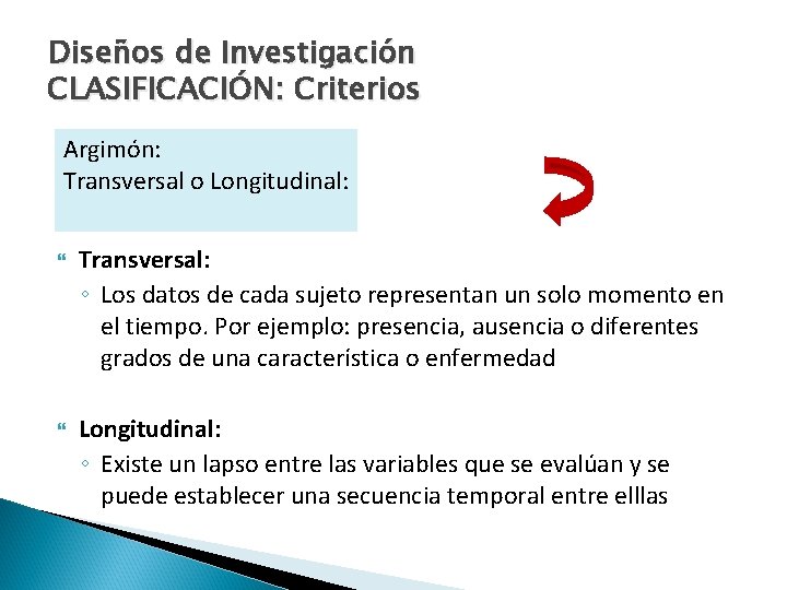 Diseños de Investigación CLASIFICACIÓN: Criterios Argimón: Transversal o Longitudinal: Transversal: ◦ Los datos de